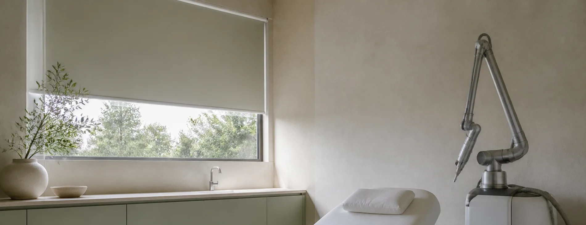 An empty laser room with a white bed and a device pushed to one side