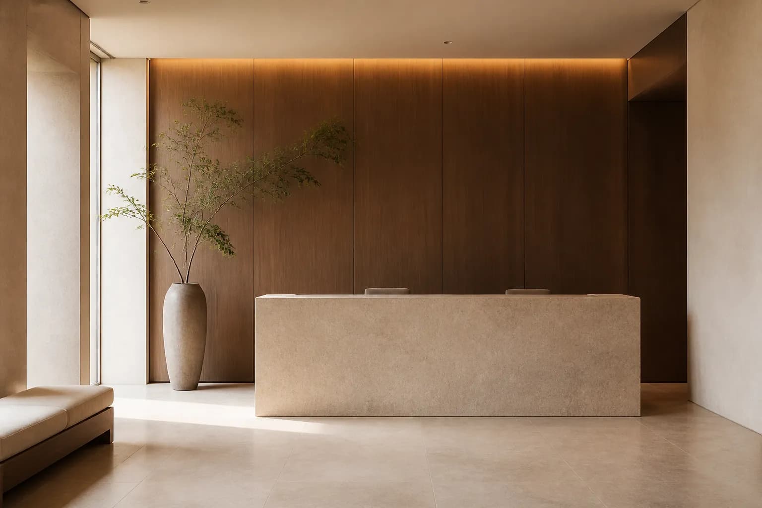 A law firm reception - monolithic honed stone desk, walnut wall, a green branch in a floor vase
