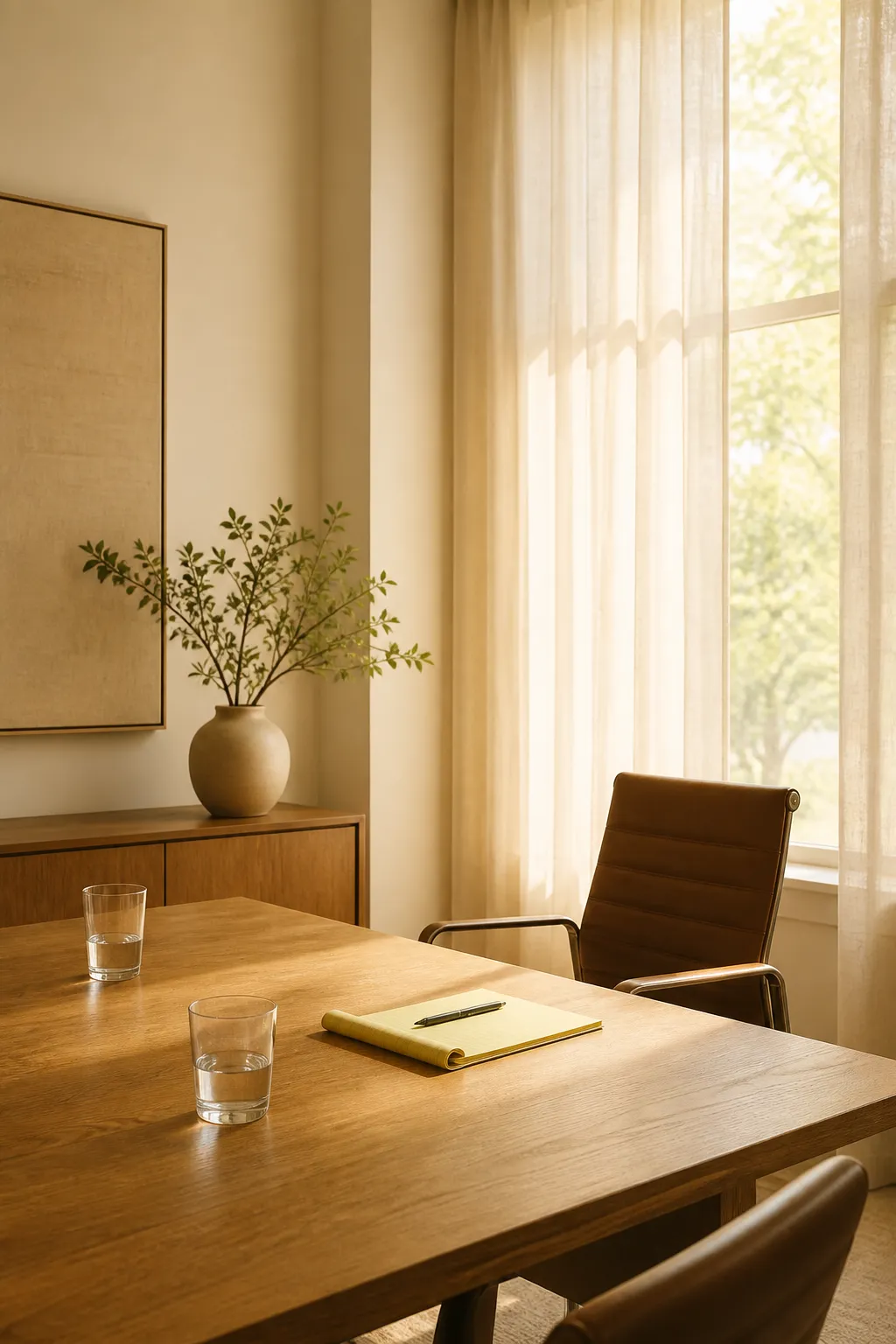 A bright morning meeting room - oak table, two water glasses, a legal pad, sheer linen light
