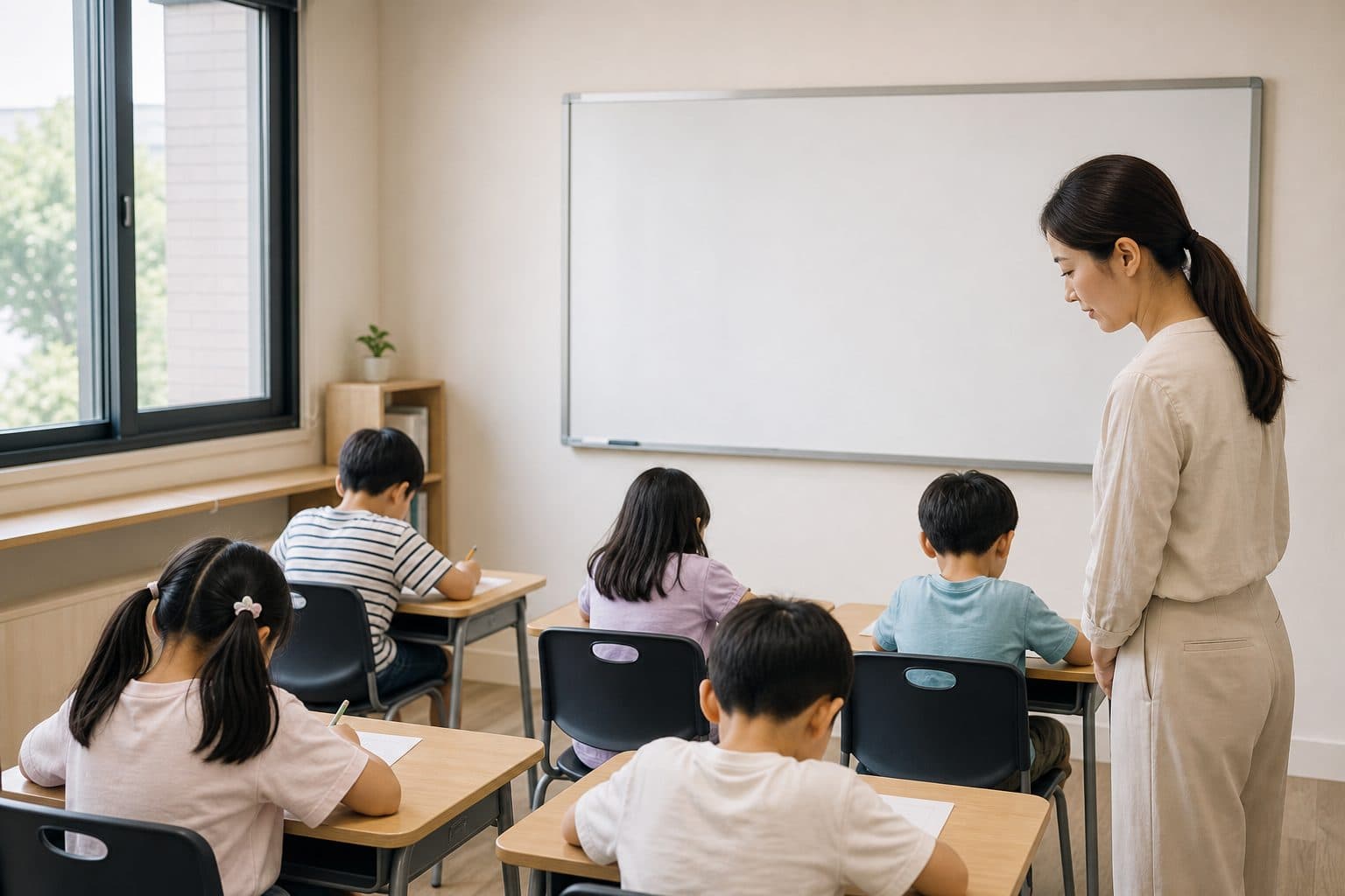 자연광이 드는 교실에서 학생들이 각자 문제를 풀고 선생님이 옆에서 지켜보는 수업 장면