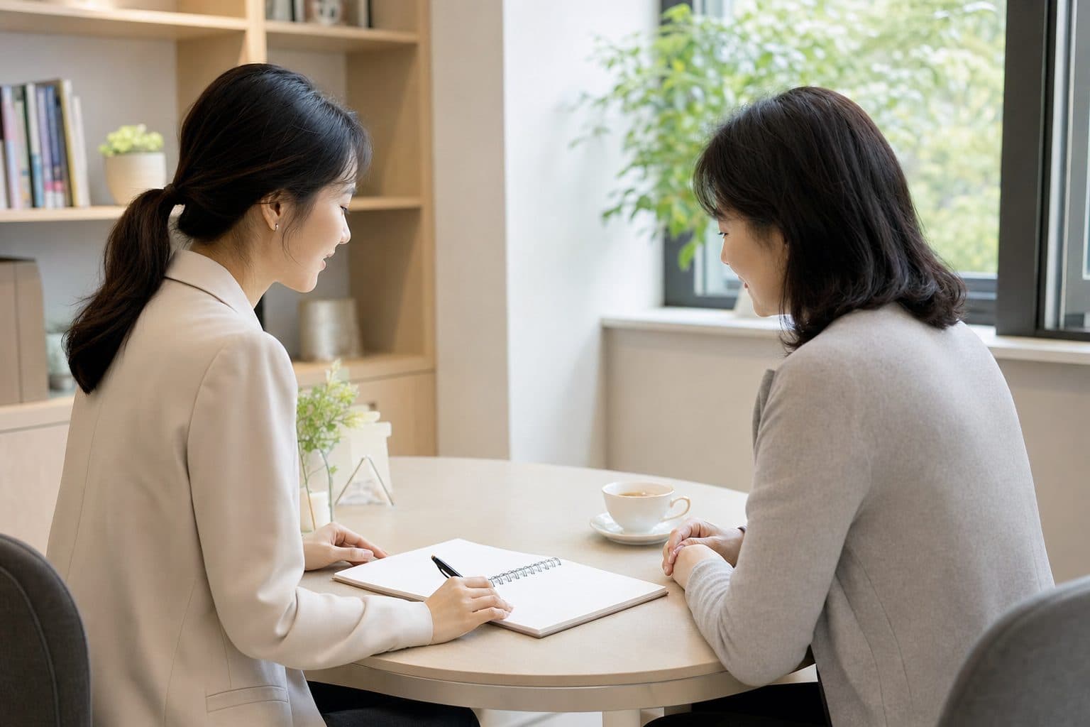 선생님과 보호자가 상담 테이블에서 공책을 함께 보는 장면