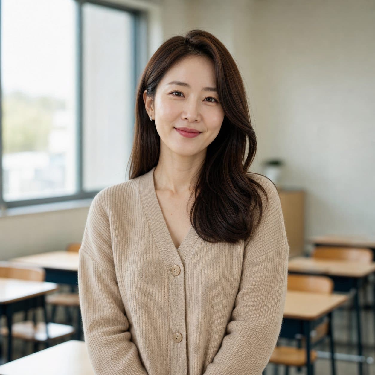 베이지 가디건을 입고 교실에 서 있는 여성 선생님