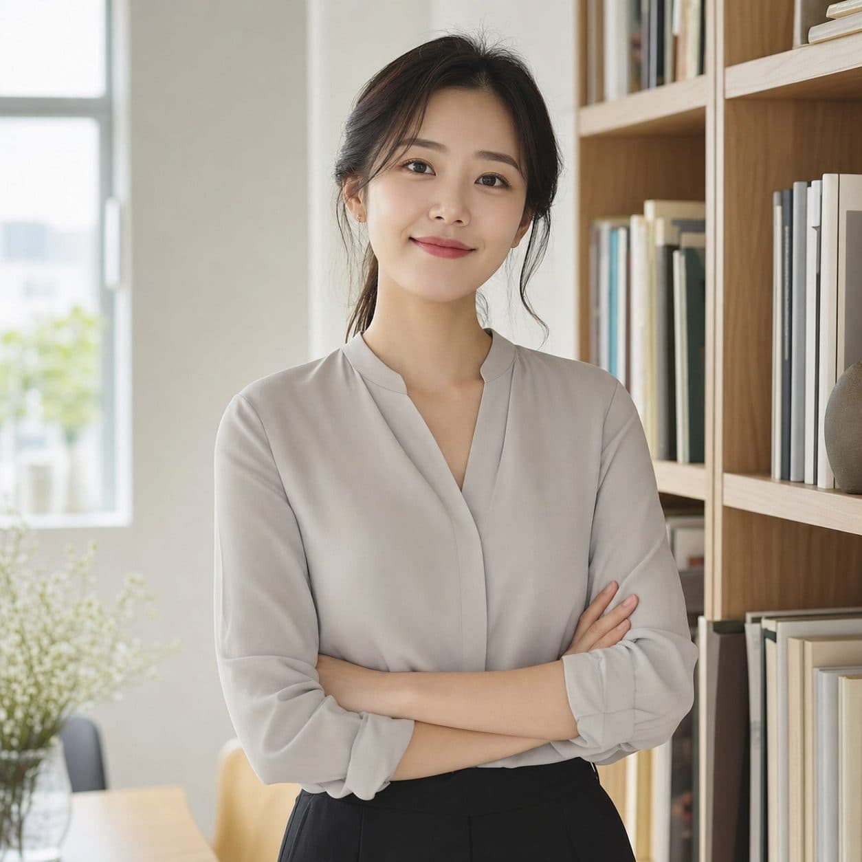 회색 블라우스를 입고 책장 옆에 서 있는 여성 선생님