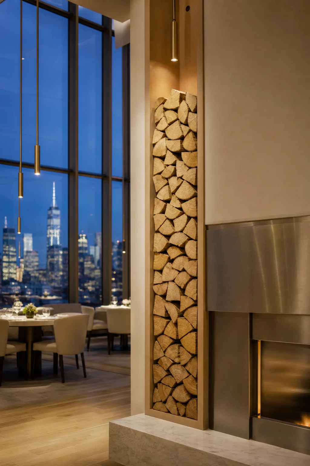 Split oak stacked in a tall pale-oak niche beside the brushed-steel hearth, end grain catching warm light