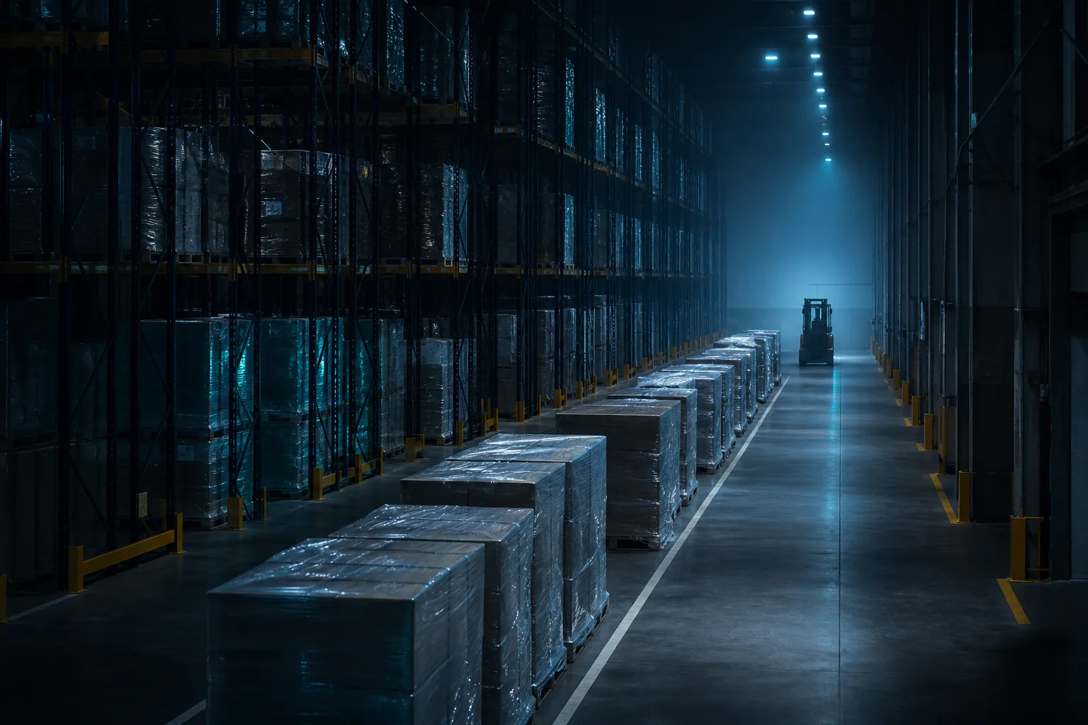 Aisle of a distribution centre at night, wrapped pallets staged along a marked floor lane