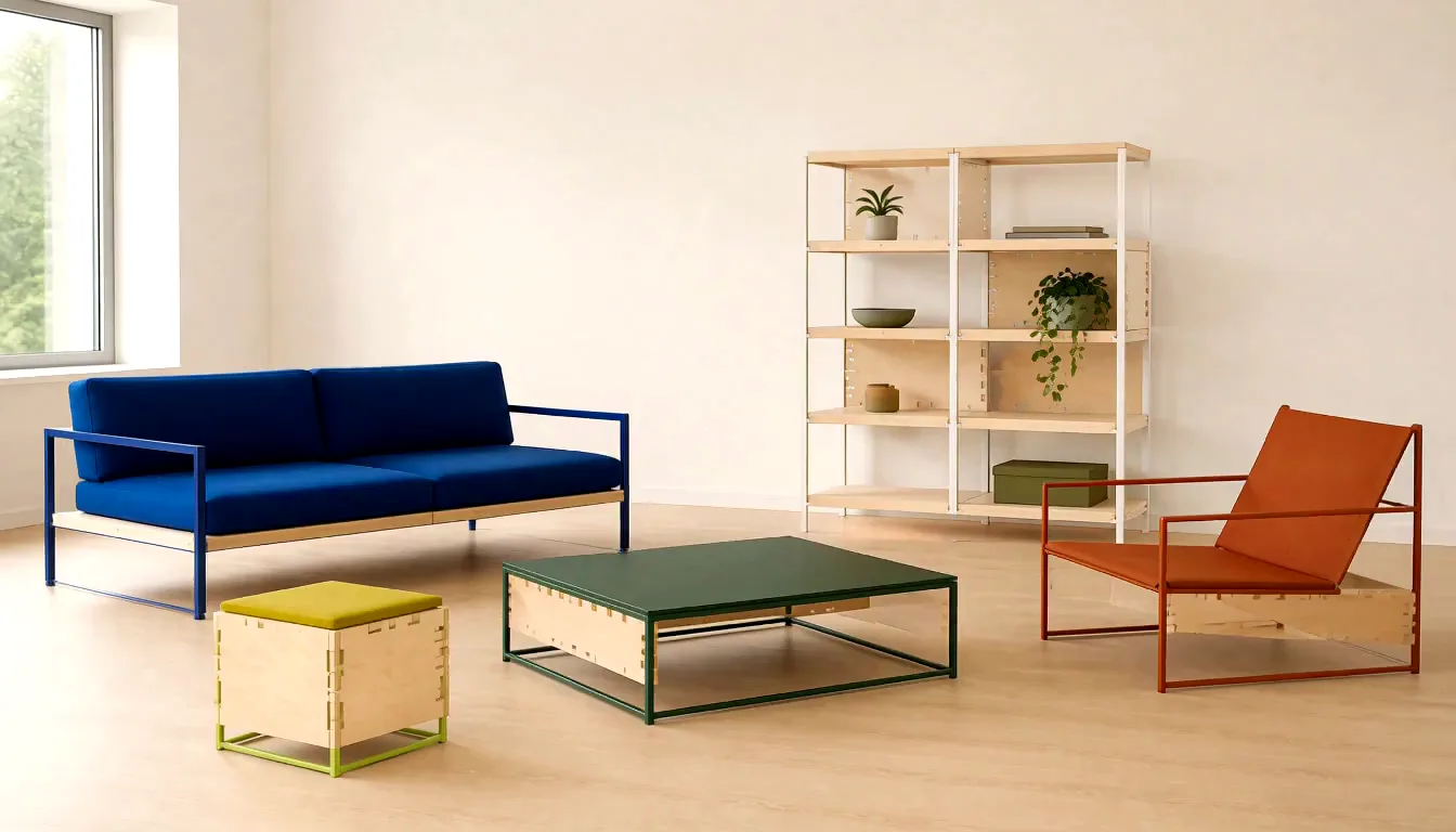 A bright living room furnished with the TENON system — a cobalt blue sofa, a deep green low table, a rust sling lounge chair, a lime-topped stool and a white-and-birch shelving unit