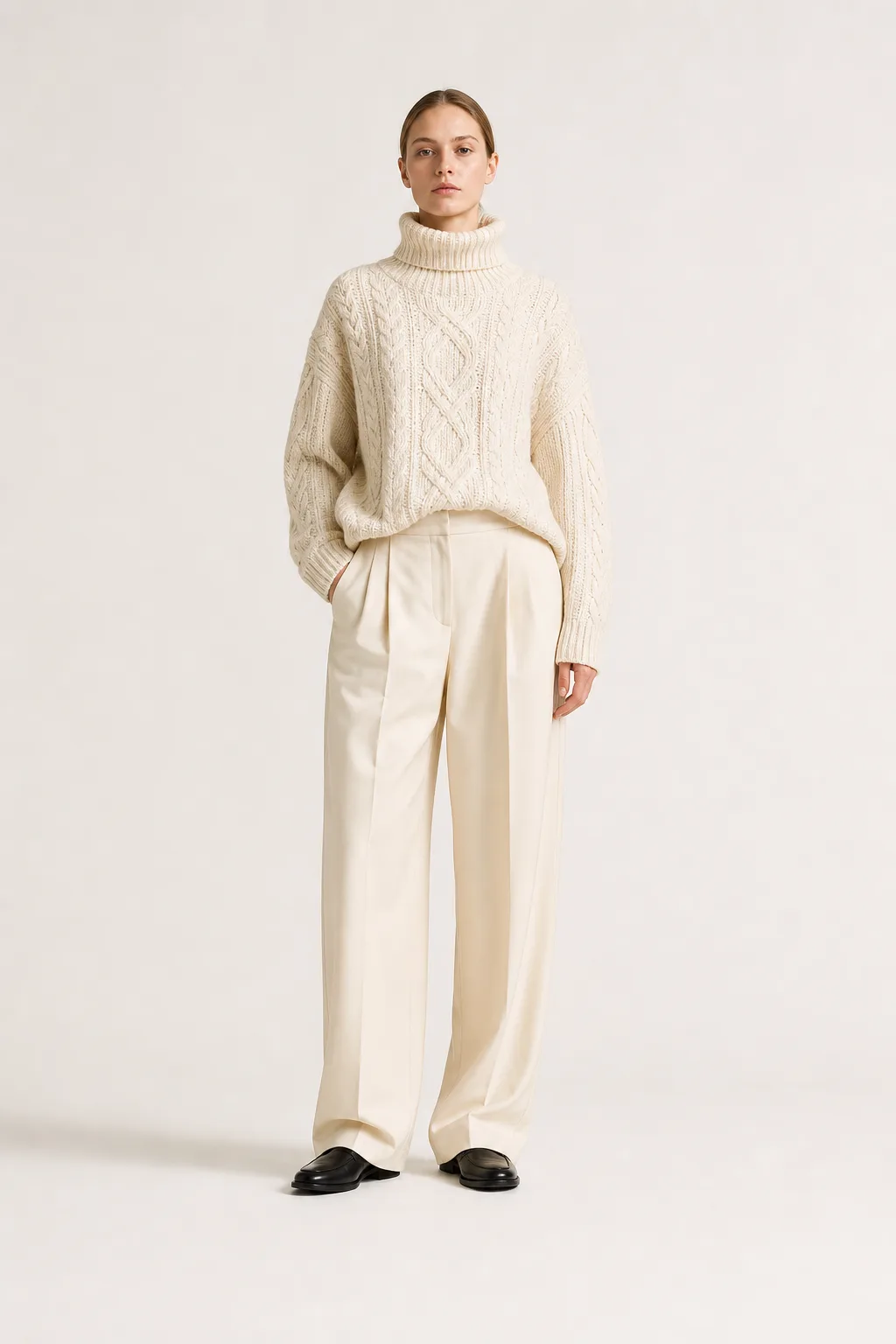 Full-length studio shot of an oversized cream cable-knit roll neck tucked into wide pleated cream trousers