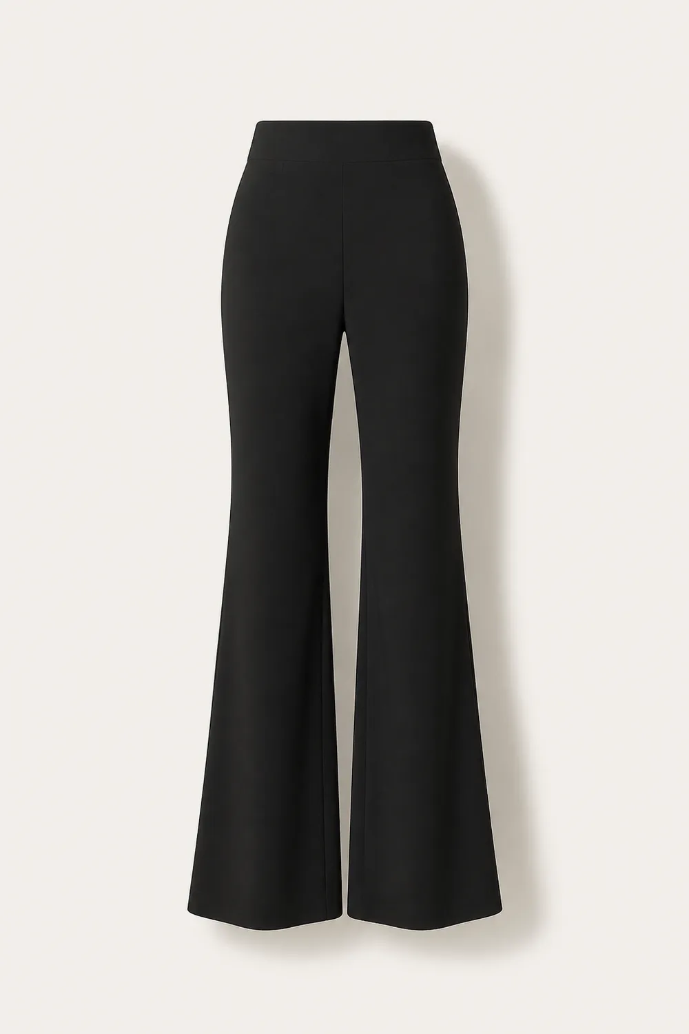 Black floor-length flared trousers in fluid crepe, high waisted with a flat front